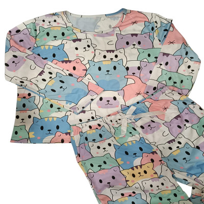 Pijama Verano Gaticos Blanco Ni&ntilde;a Manga Larga