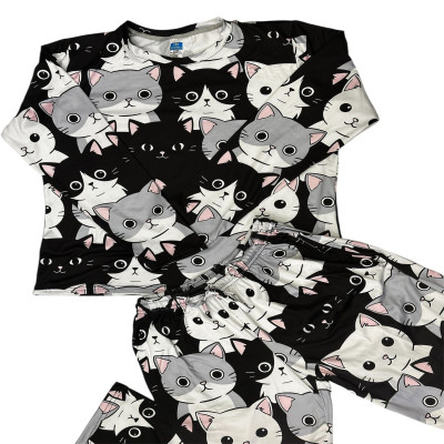 Pijama Verano Gatos Blanco y Negro Ni&ntilde;a Manga Larga